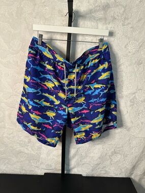 Navy Shark-Print Swim Trunks with Yellow & Pink Accents